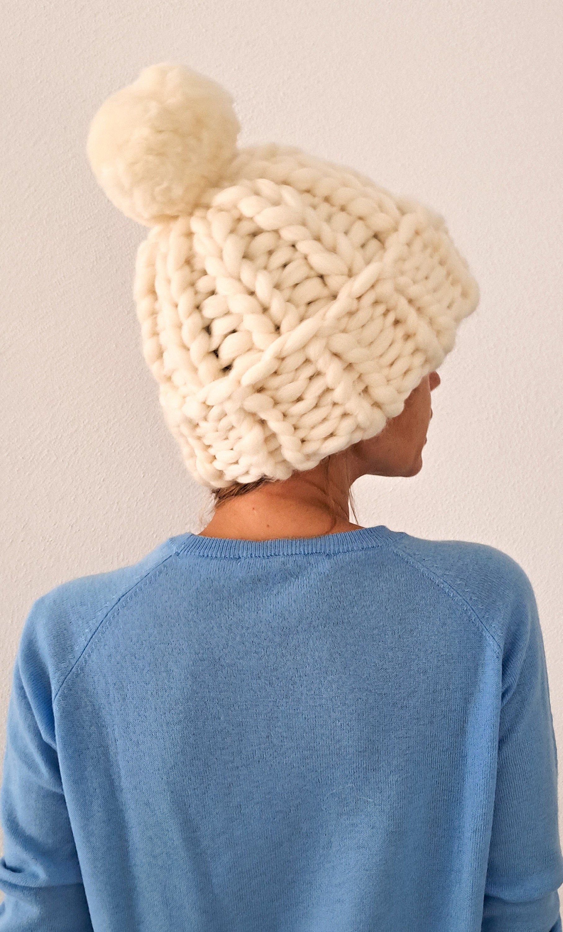 Merino Wool Chunky Knit Beanie: Women's Winter Pom Pom Hat