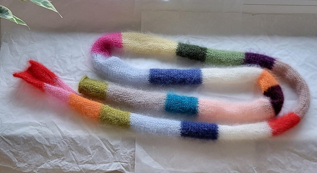 Mohair Silk Mini Scarf, Skinny Multicolored Striped Neck Scarf