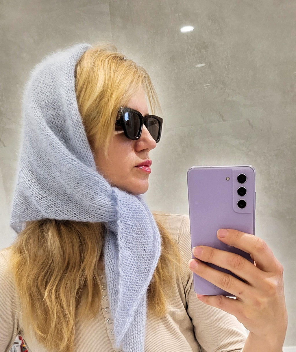 Handmade Mohair Triangle Shawl, Striped Knit Scarf, Boho Wrap