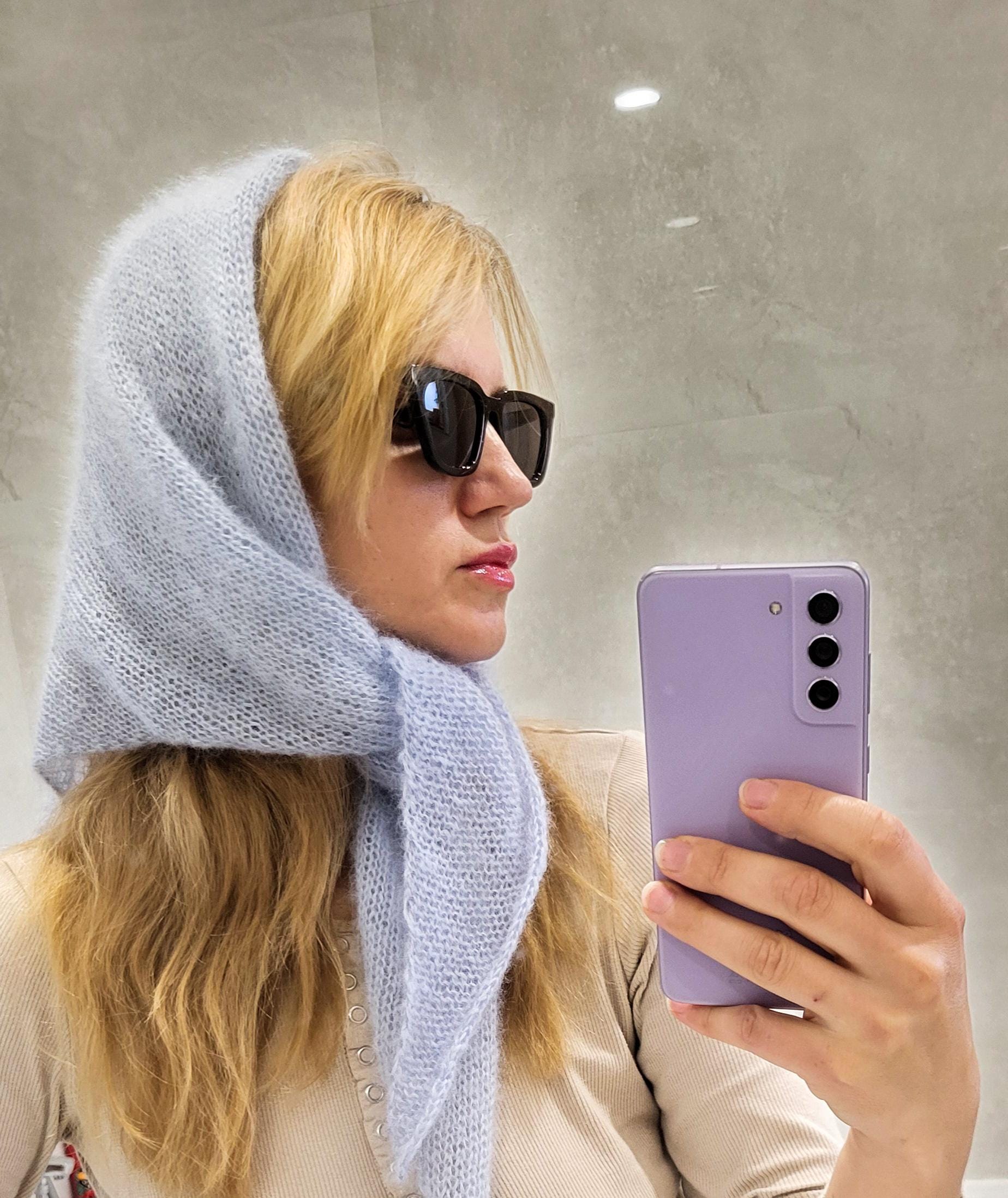 Handmade Mohair Triangle Shawl, Striped Knit Scarf, Boho Wrap