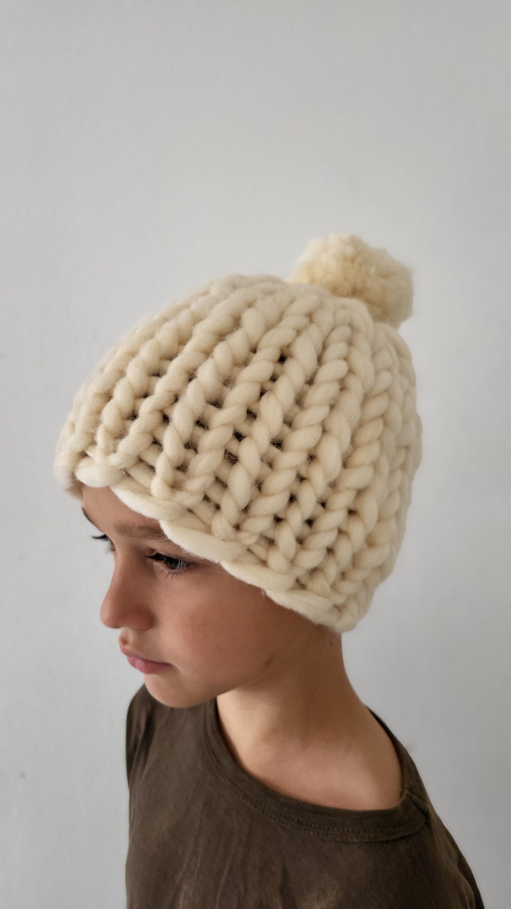 Hand Knitted Merino Wool Kids Pom-Pom Hat (3-10 Years)