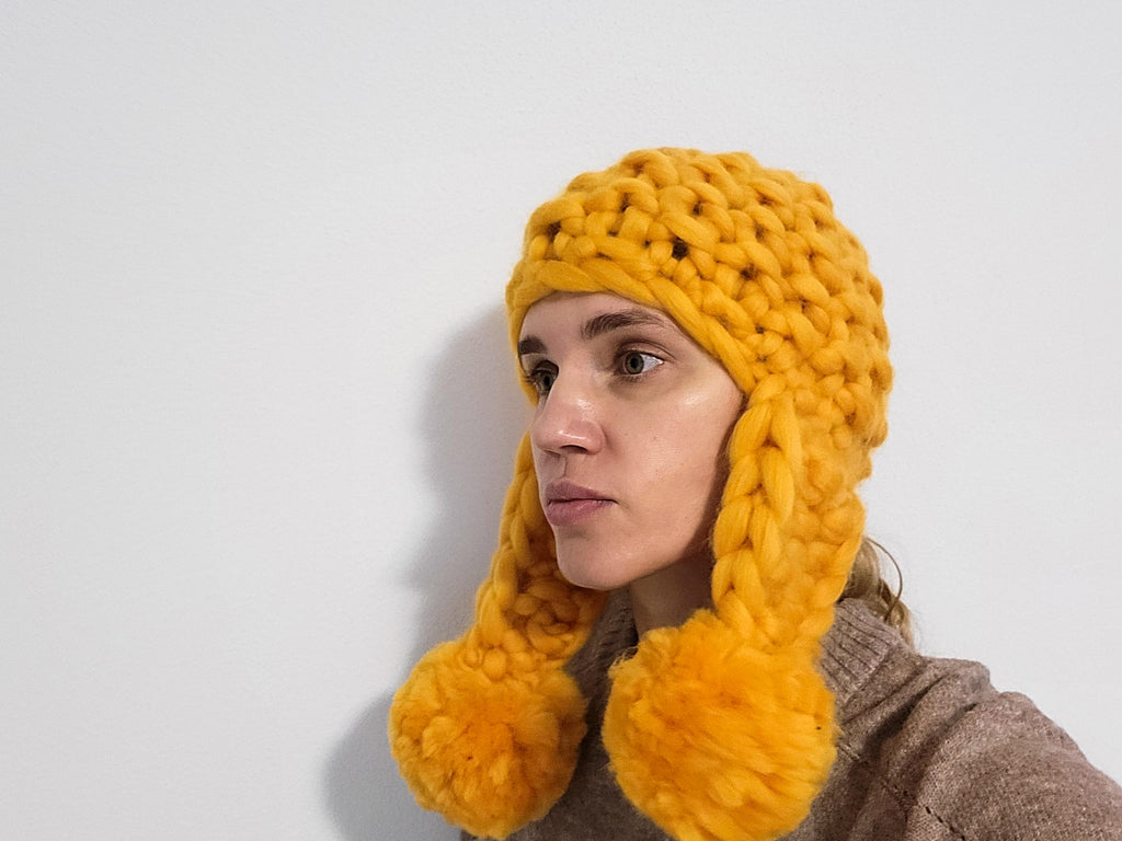 Hand-Knit Merino Wool Ear Flap Hat: Chunky Winter Beanie