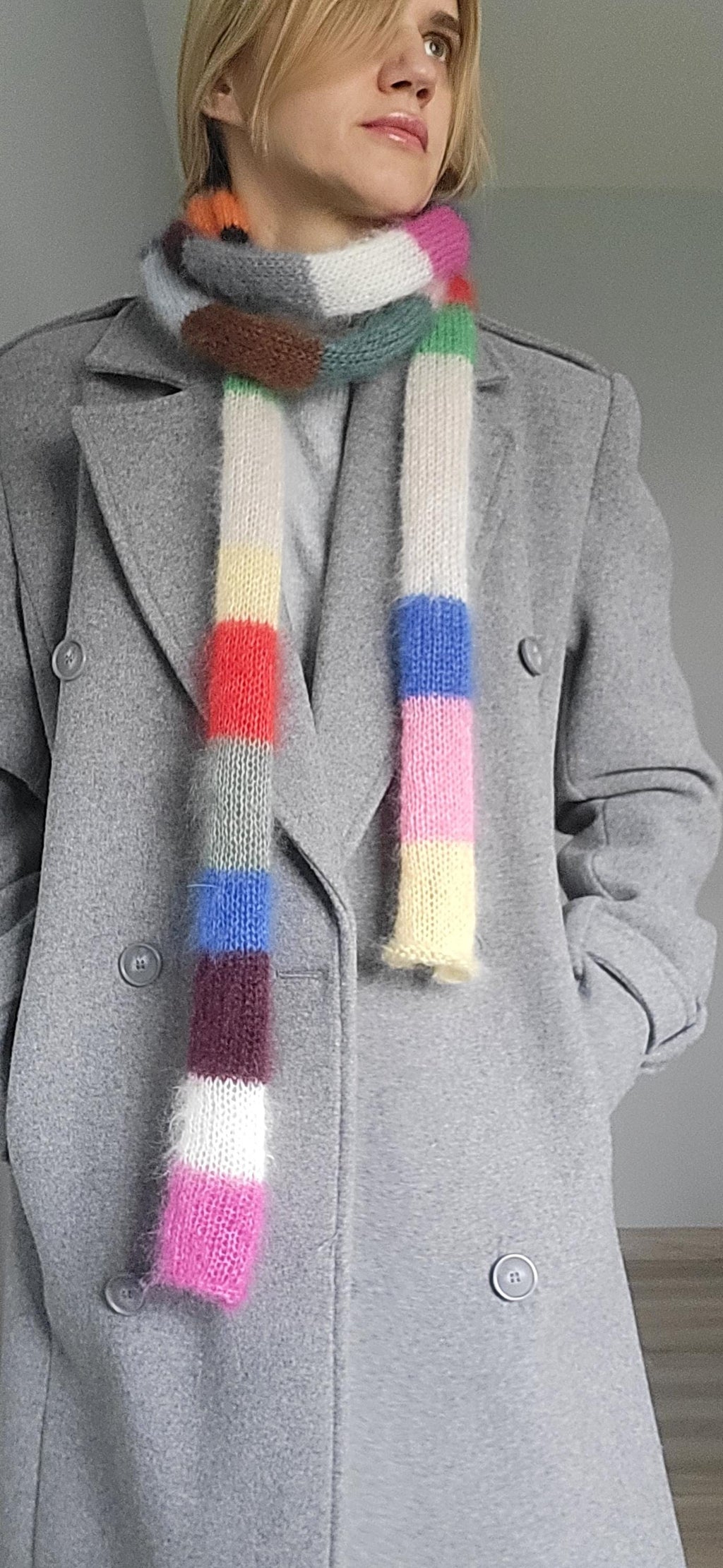 Mohair Silk Skinny Scarf, Multicolored Striped Neck Warmer