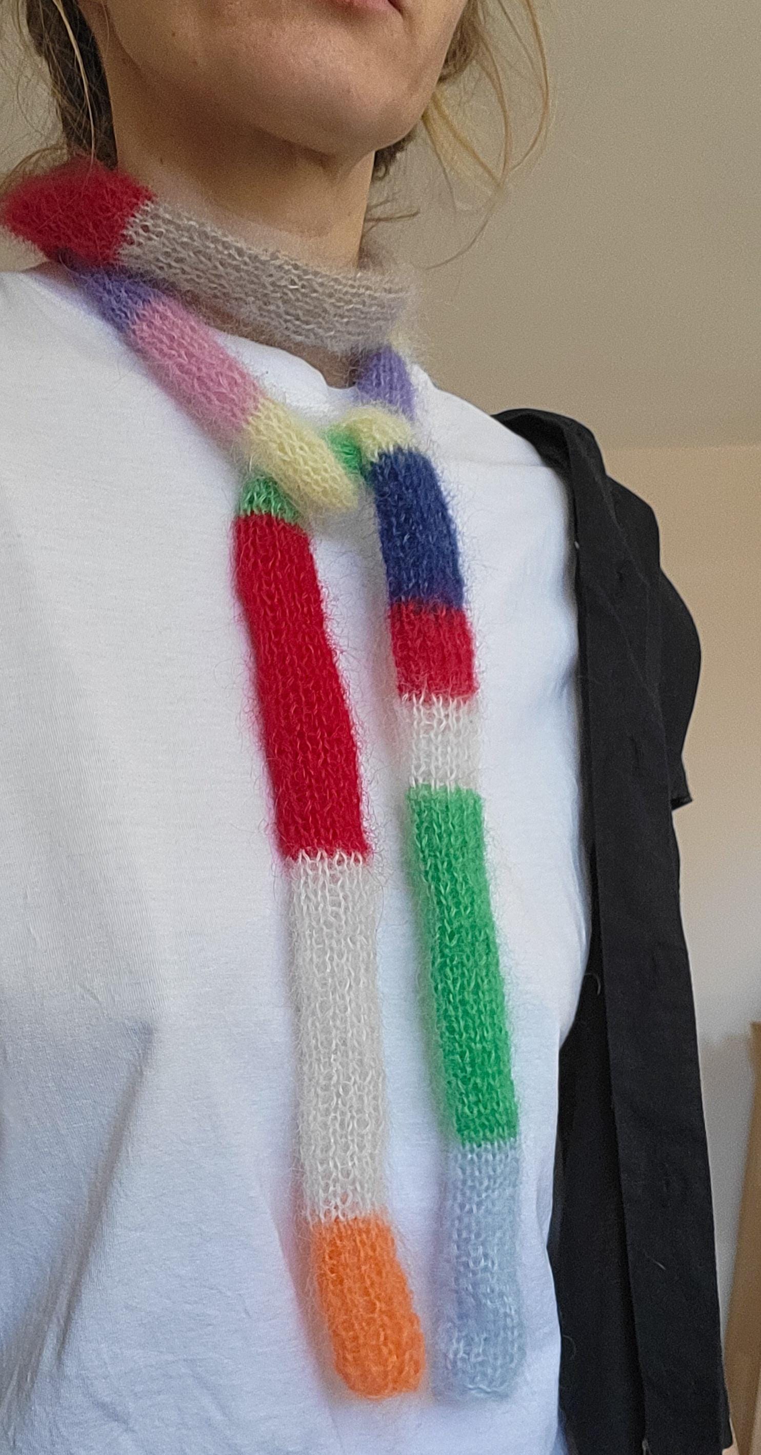 Mini Mohair Silk Scarf: Skinny Multicolored Striped Neck Scarf