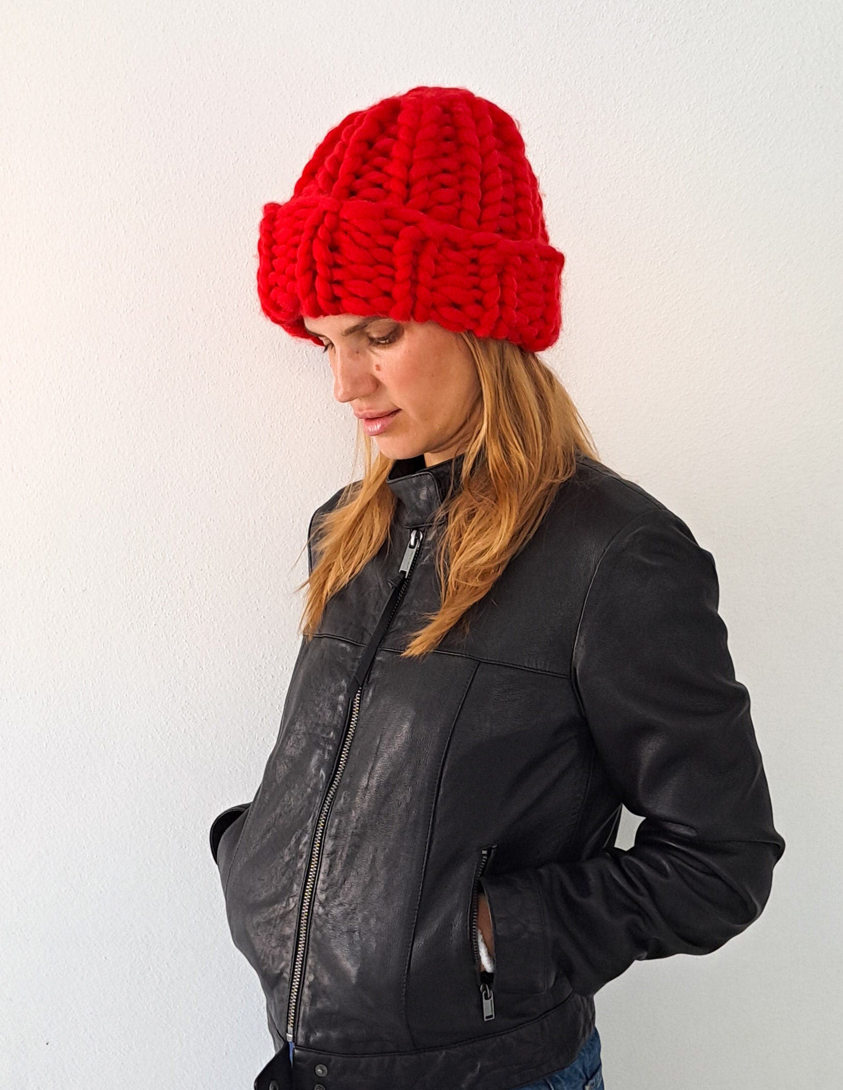 Merino Wool Chunky Knit Beanie Pom Pom Hat