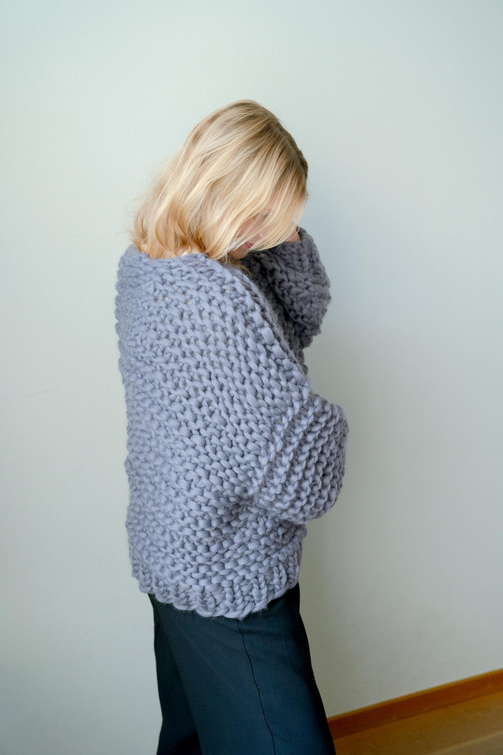 Handmade Chunky Knit Wool Cardigan: Oversized Steel Sweater