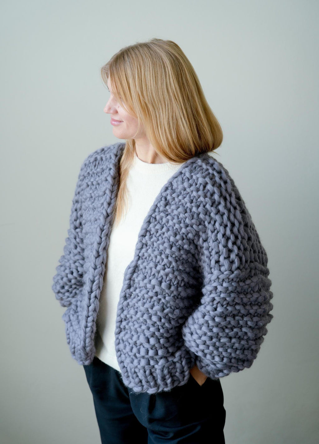 Handmade Chunky Knit Wool Cardigan: Oversized Steel Sweater