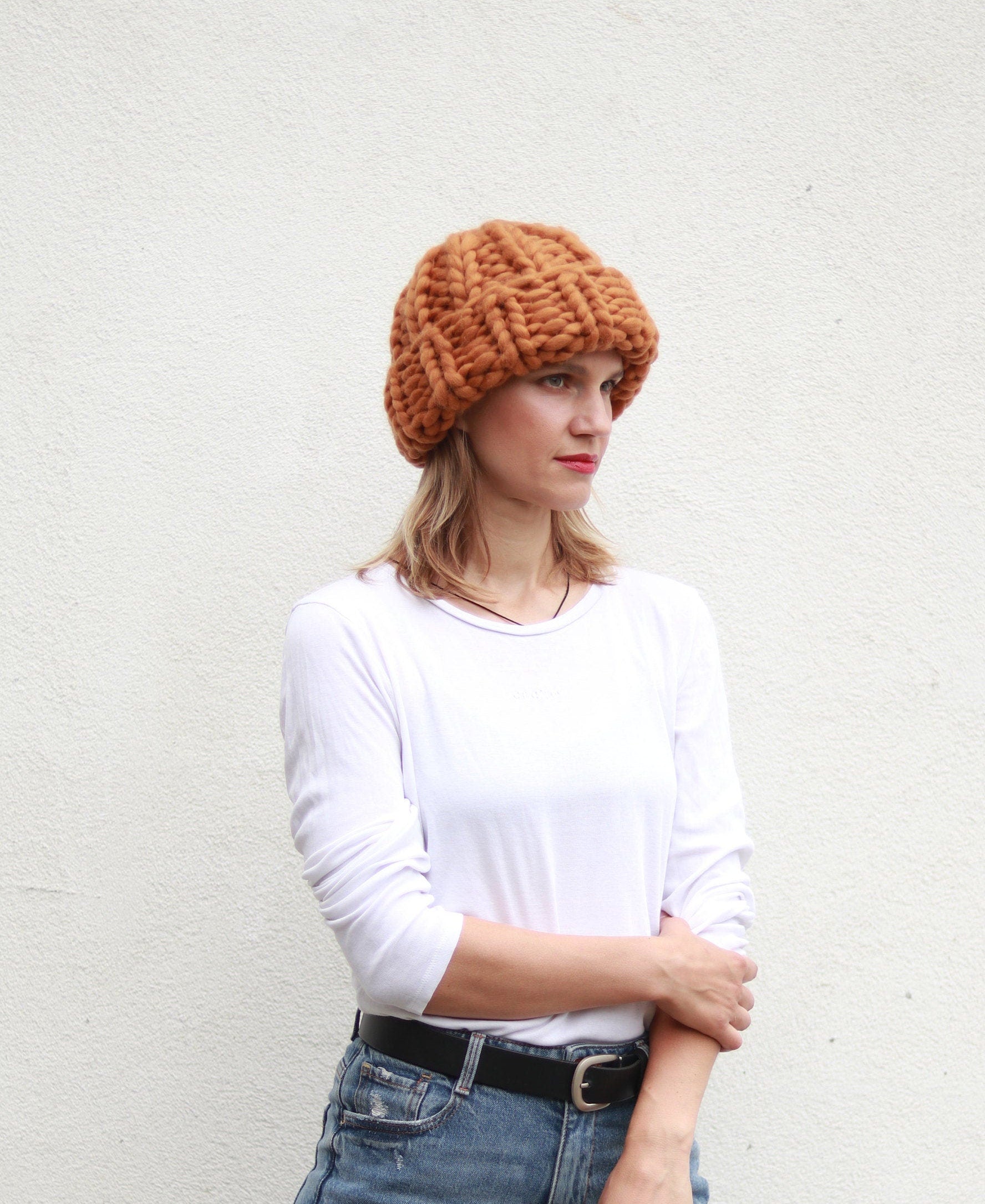 Merino Wool Chunky Knit Beanie Pom Pom Hat