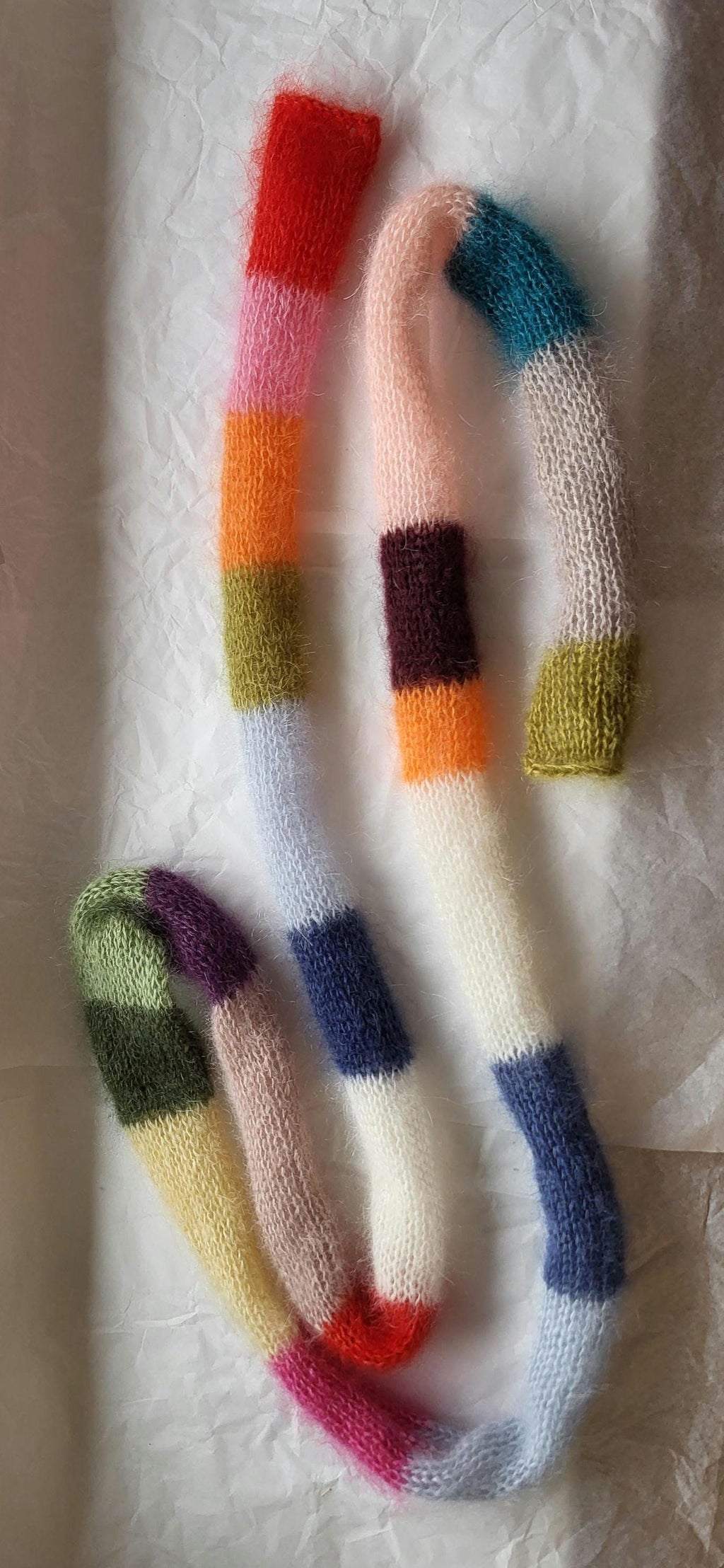 Mohair Silk Mini Scarf, Skinny Multicolored Striped Neck Scarf