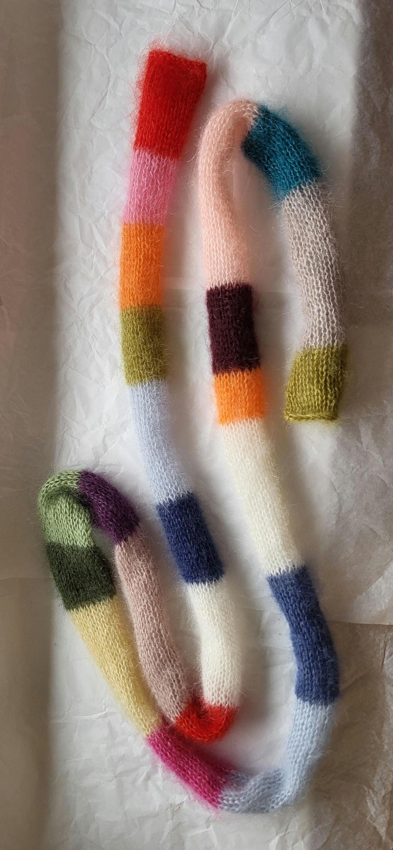 Mohair Silk Mini Scarf, Skinny Multicolored Striped Neck Scarf