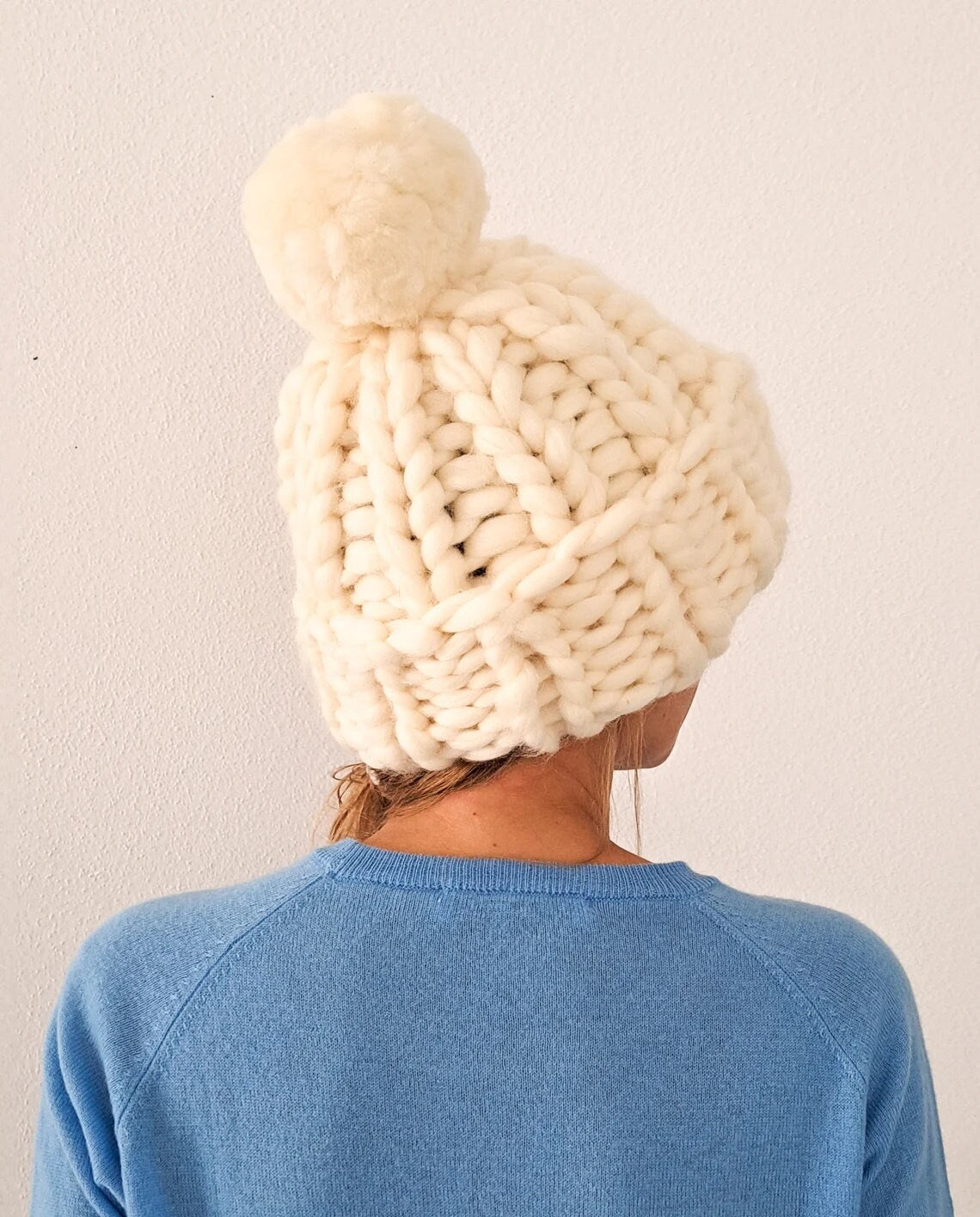 Merino Wool Chunky Knit Beanie Pom Pom Hat